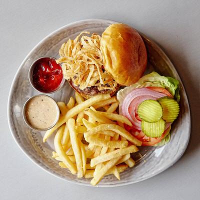 Grand street burger, served, top view.