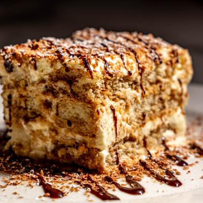 Tiramisu cake slice.