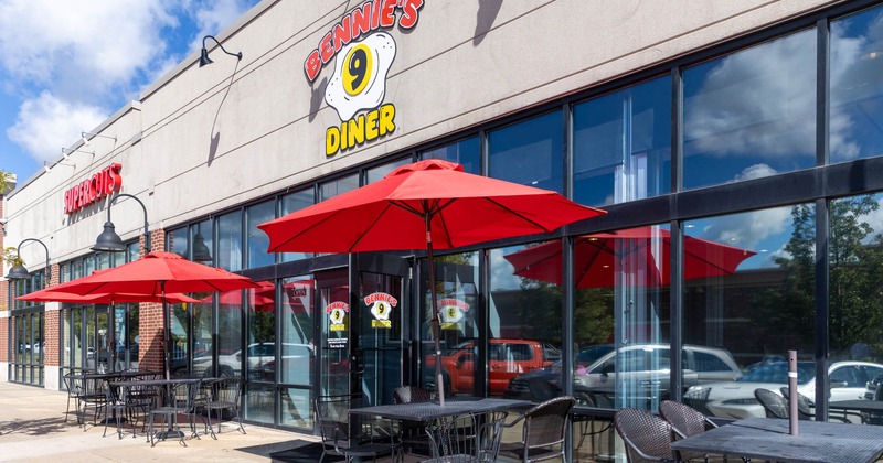 Exterior seating area, red sun umbrellas