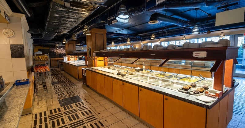 Interior space, buffet tables with various foods
