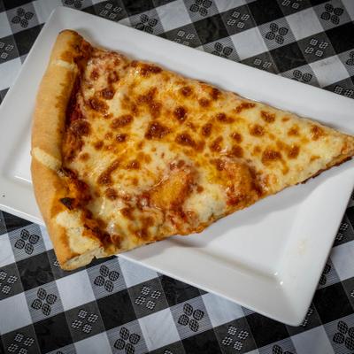 Cheese pizza slice on a white plate.