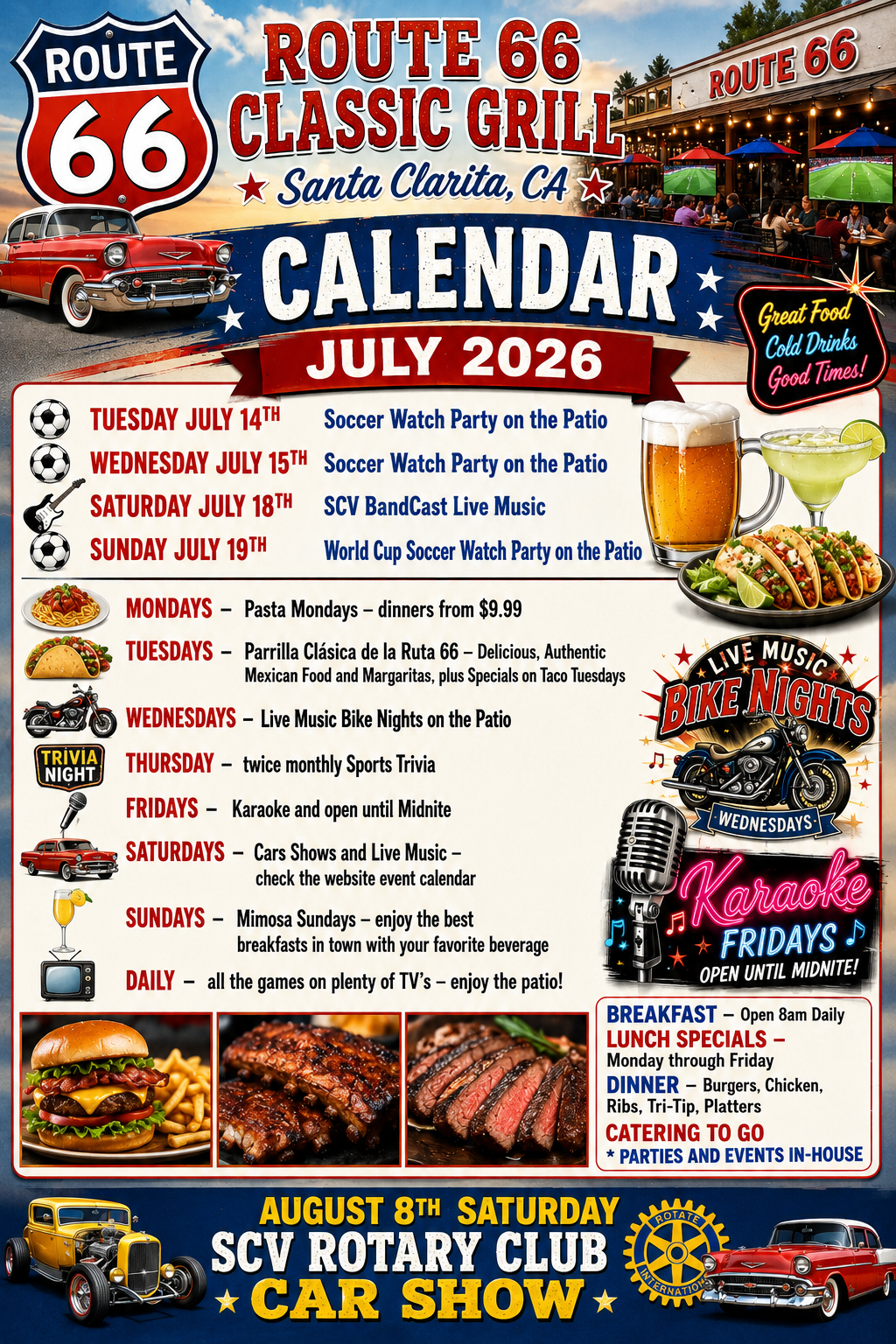 Route 66 Classic Grill calendar of events for July 2026.