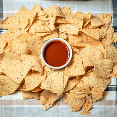 Chips with a dipping sauce.