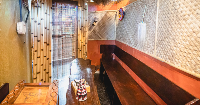 Interior, wooden bench seat and a table, rustic design