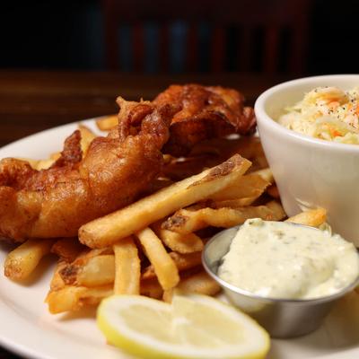 Fish and Chips , coleslaw and tarter sauce.