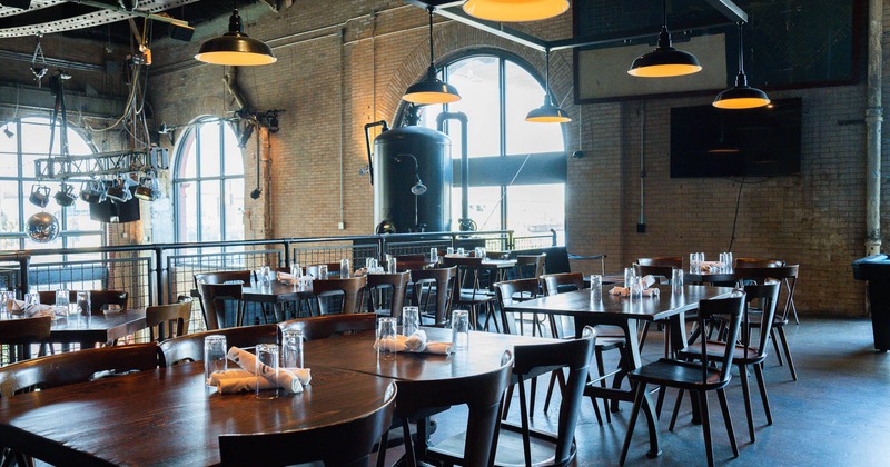 Interior, tables and chairs in seating area