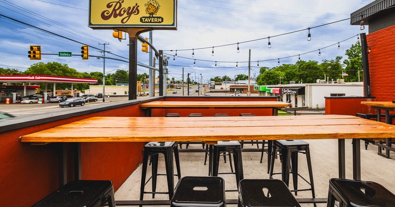 Exterior, high table and chairs