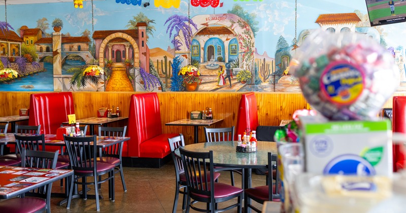 Diner area, tables, chairs, booths