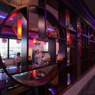 Shelves with decorations.