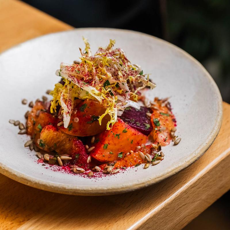 menu item 6 of 22, Roasted Beets, Orange, Shallot, Miso Créme Fraîche, Sunflower Seeds