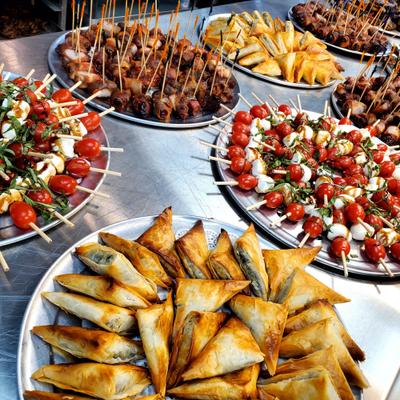 Assortment of savory finger foods and party appetizers served on the table.