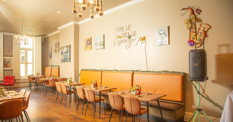 Interior, long seating bench in dining area