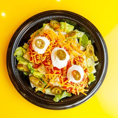 Taco trio, served, top view.