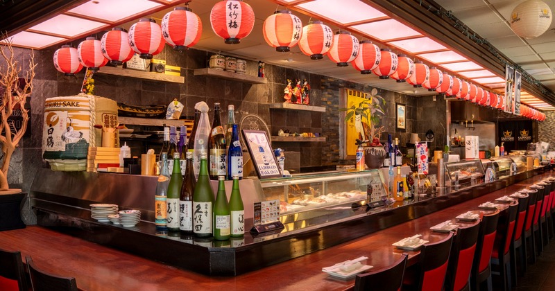 Bar table, with various food and drinks on the display