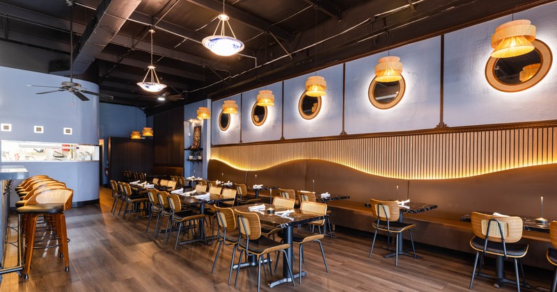 Interior, tables and chairs ready for guests