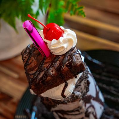 Ultimate Cookies and Creme Milkshake with Brownie, top view.