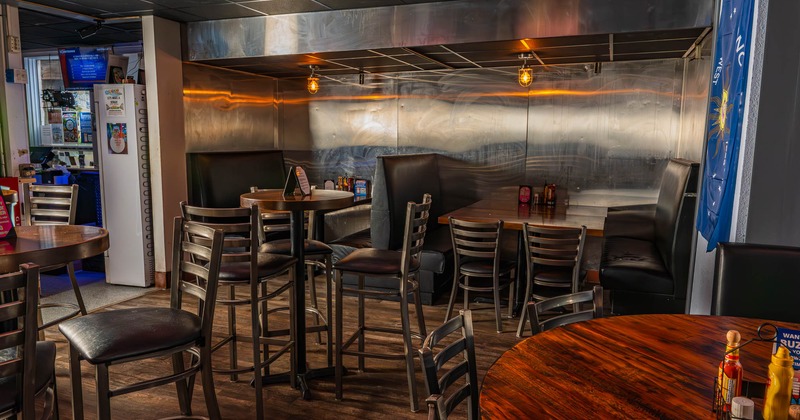 Interior, tables, chairs and seating booths