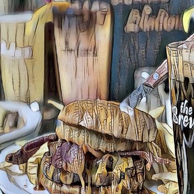Brewhouse Burger photo enhanced to look like a painting.
