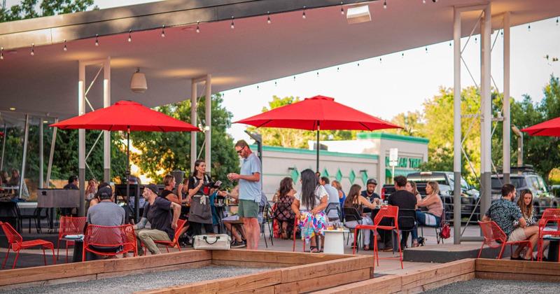 Exterior, customers in patio area