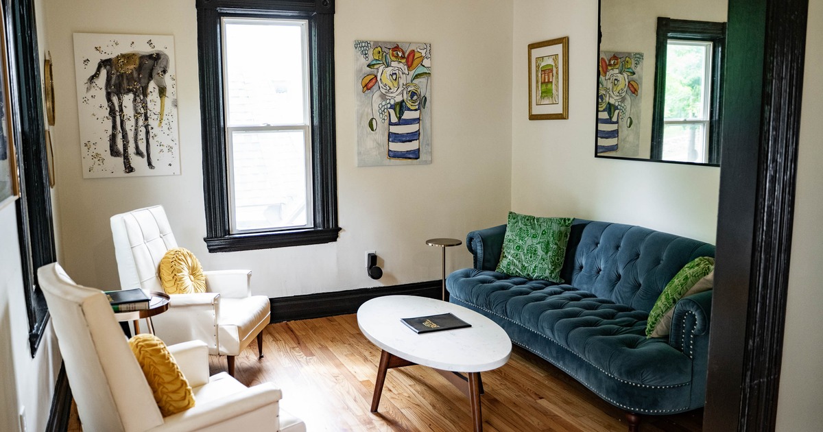 Interior, lounge area decorated with pictures on the wall