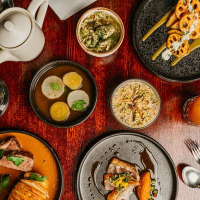 Assorted food plates, top view.