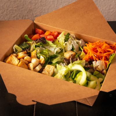 Garden Salad, with lettuce, tomato, cucumbers, carrots, and croutons.