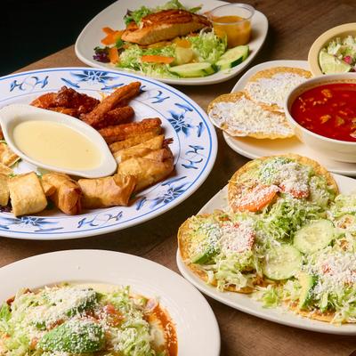 Various dishes on a table.