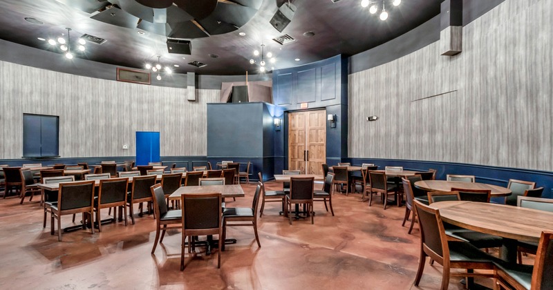 Interior, round room, tables and seats