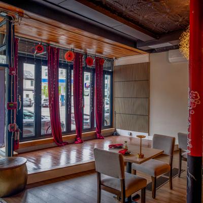 Dining tables by the podium.