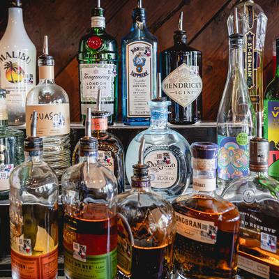 Liquor bottles at the bar.