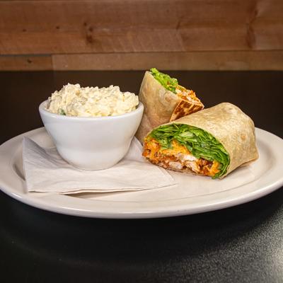 Buffalo chicken wrap paired with creamy coleslaw.