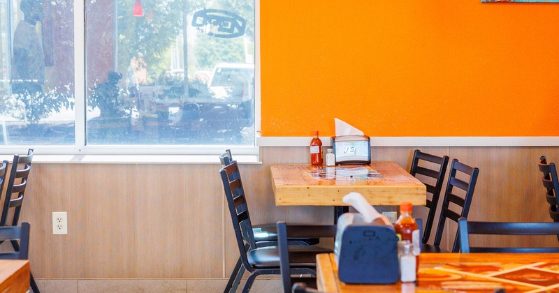 Interior, dining tables with chairs