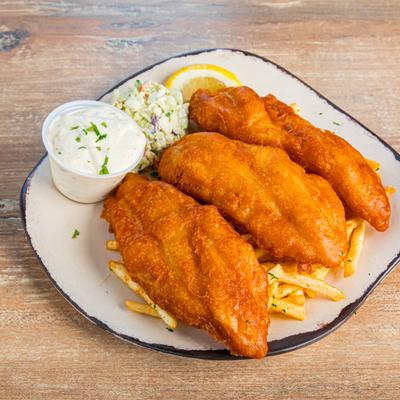 Beer Battered Fish & Chips, with a side of cilantro slaw and chipotle tartar sauce.
