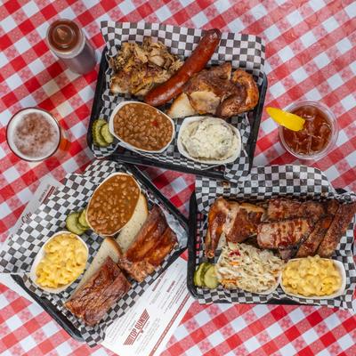 Different dishes on a table, top view.