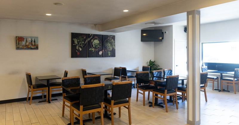 Inside dining space, tables and chairs