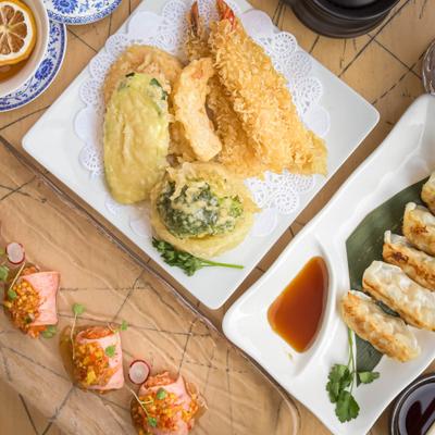 Three different dishes, served, top view