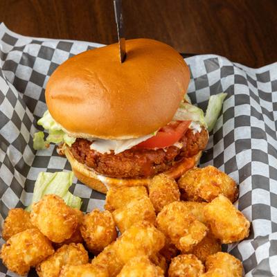 Buffalo chicken sandwich with cheese curds.