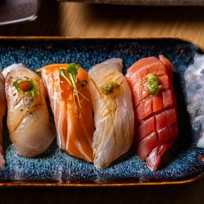 Assorted nigiri sushi with salmon and tuna.