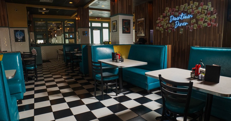 Interior, tables ready for guests