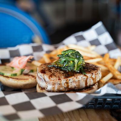 Tuna burger and fries.