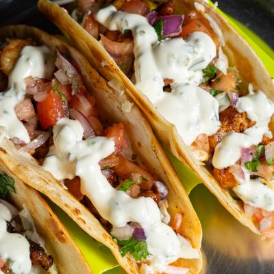 A closeup on Shrimp Tacos.