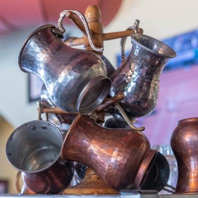 Vintage Turkish copper jugs.
