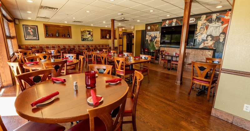 Interior, dining area, tables and chairs