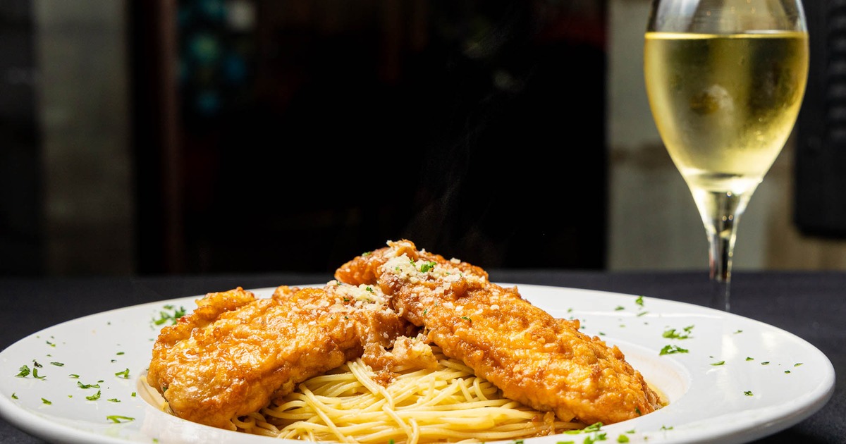 Chicken French with spaghetti and white wine