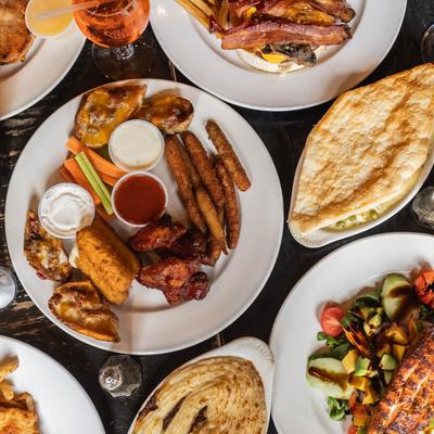 Assorted dishes on a table, top view.