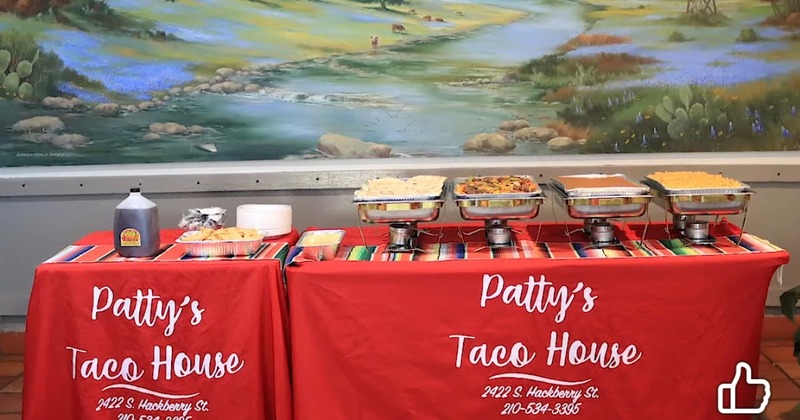 Patty’s Taco House catering buffet with assorted dishes in stainless steel dishes