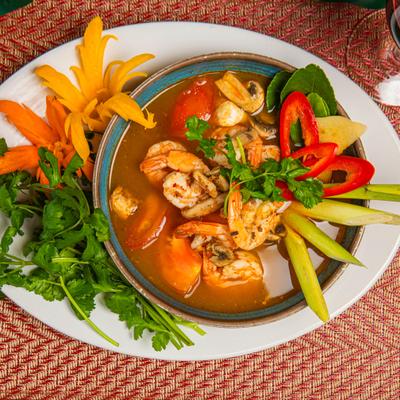 Tom Yum Soup with shrimp and various vegetables.