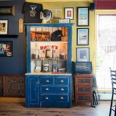 Interior, lots of retro decorative items in a seating area