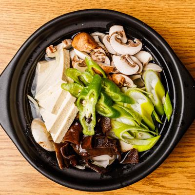 Veggies, tofu, and mushrooms.