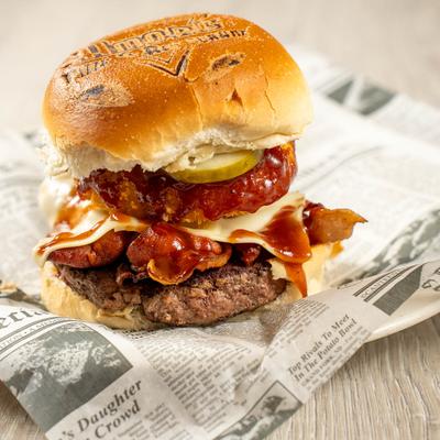 Double bacon cheeseburger, with BBQ sauce.